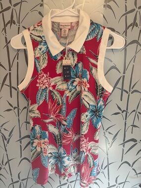 Tommy Bahama Raspberry Floral Sleeveless Polo with White Trim